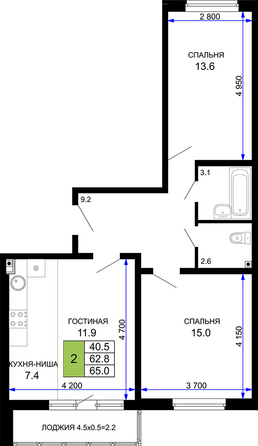 Планировка 2-комн 65 м²