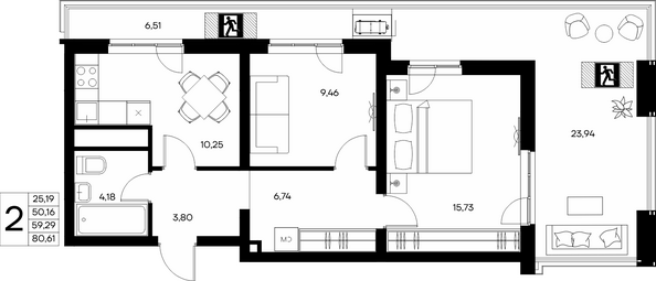 Планировка 2-комн 68,61 м²