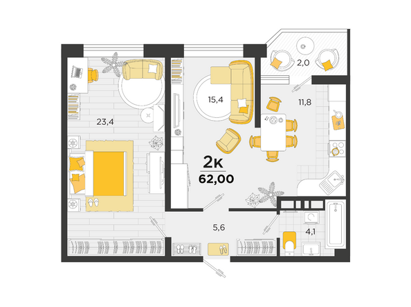 Планировка 2-комн 62 м²