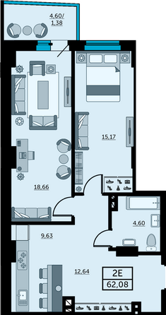 Планировка 2-комн 61,75 - 72,63 м²