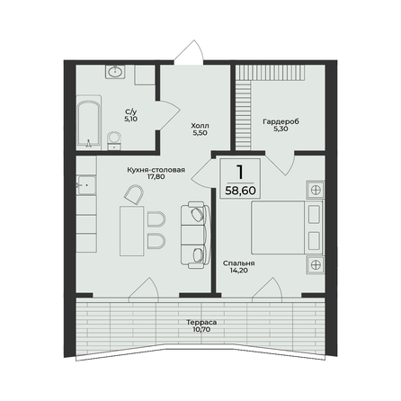 Планировка 1-комн 58,6 м²
