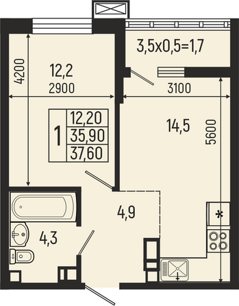 Планировка 1-комн 37,6 м²