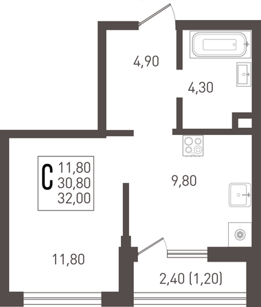 Планировка Студия 32 м²