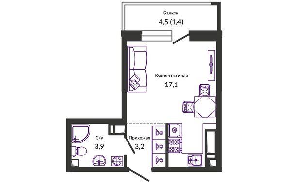 Планировка 1-комн 25,6, 25,7 м²