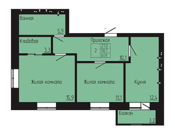 Планировка 2-комн 61,9 м²