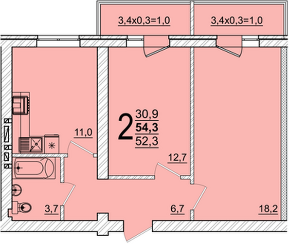 Планировка 2-комн 54,3 м²