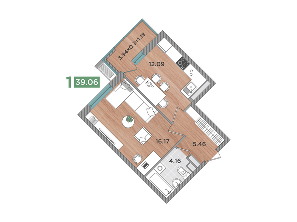 Планировка 2-комн 39,06 м²