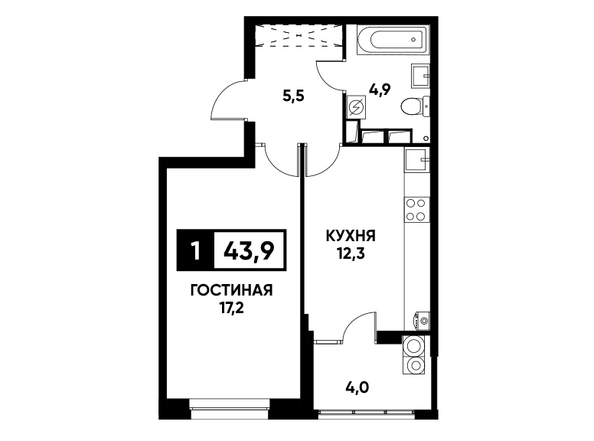 Планировка 1-комн 43,9 м²