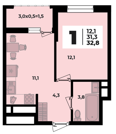 Планировка 1-комн 32,8 м²