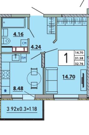 Планировка 1-комн 32,76 м²
