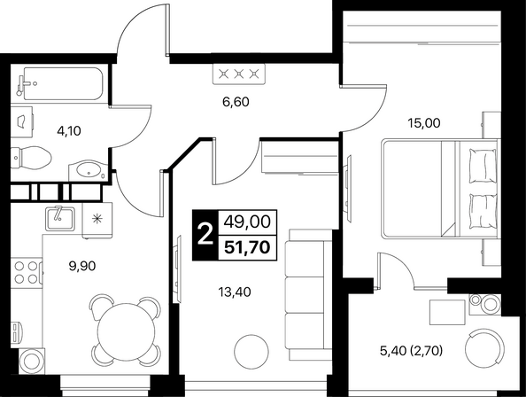 Планировка 2-комн 51,7 м²