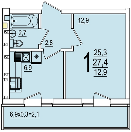 Планировка 1-комн 27,4 м²