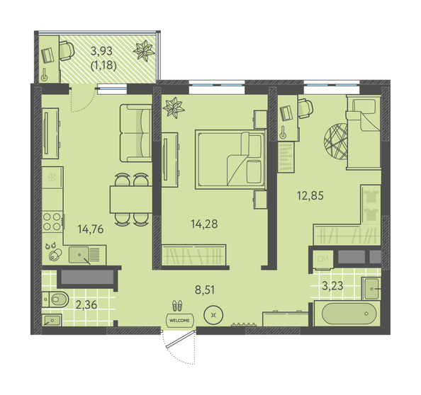 Планировка 2-комн 57,17 м²