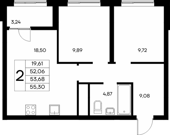 Планировка 2-комн 54,97 - 55,49 м²