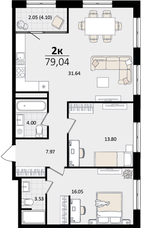 Планировка 2-комн 79,04 м²
