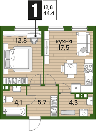 Планировка 1-комн 44,4 м²