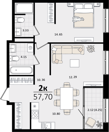 Планировка 2-комн 57,7 м²