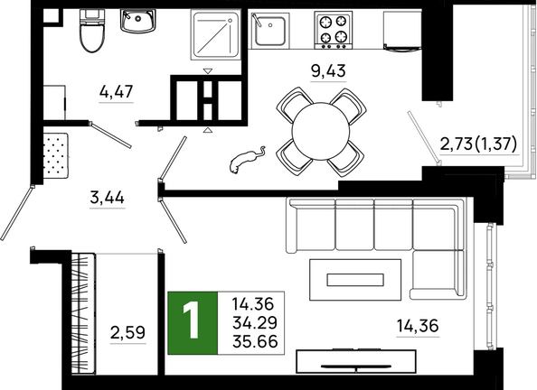 Планировка 1-комн 35,66 м²