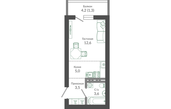 Планировка 1-комн 26 м²