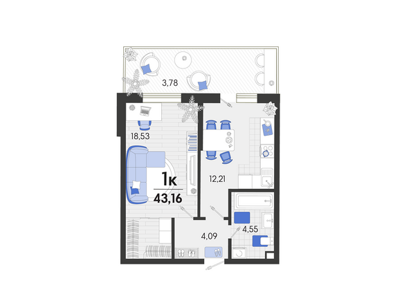 Планировка 1-комн 43,16 м²