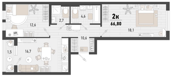 Планировка 2-комн 66,8 м²