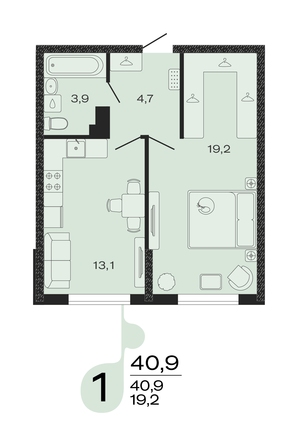 Планировка 1-комн 40,9 м²