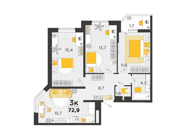Планировка 3-комн 72,9 м²