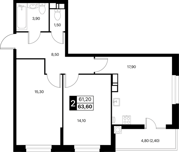 Планировка 2-комн 63,6, 63,9 м²
