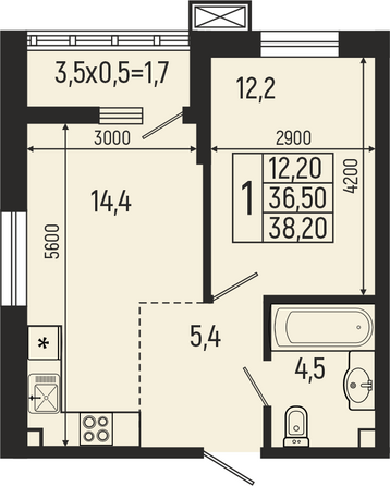 Планировка 1-комн 38,2 м²