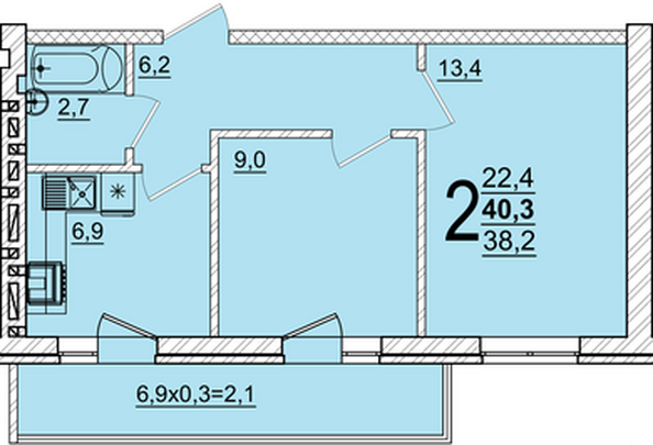 Планировка 2-комн 40,3 м²