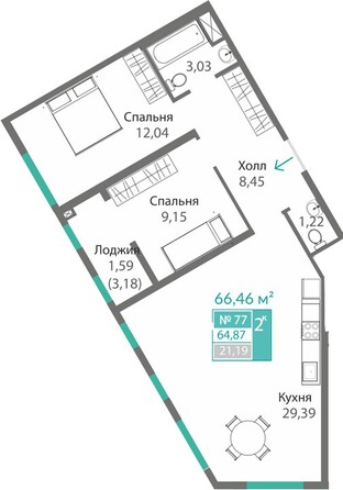 Планировка 2-комн 64,87 м²