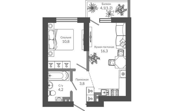Планировка 1-комн 36,3 м²