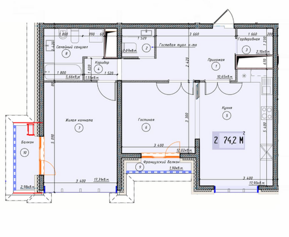 Планировка 2-комн 74,2 м²