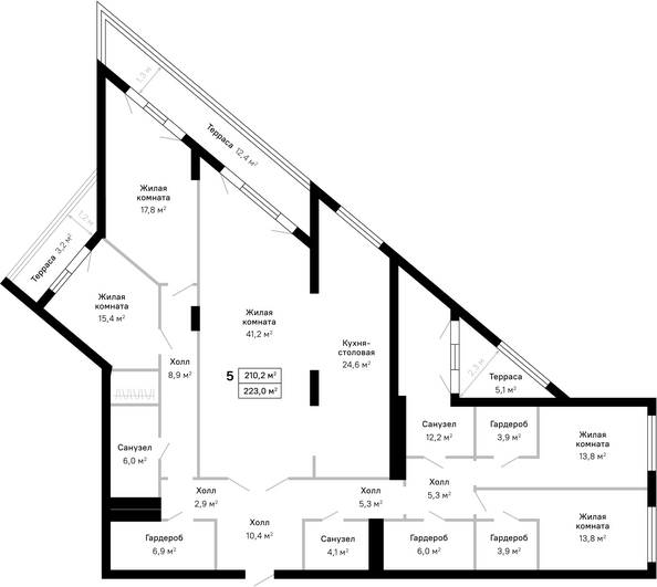 Планировка 5-комн 223 м²