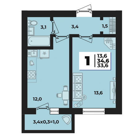 Планировка 1-комн 34,6 м²