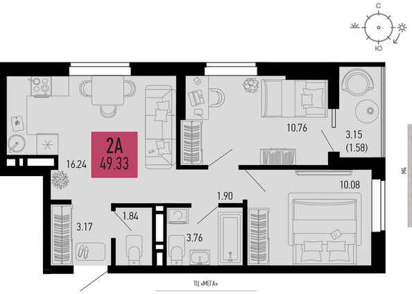 Планировка 2-комн 49,33 м²