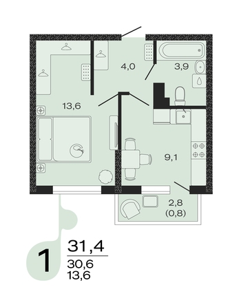 Планировка 1-комн 31,4 м²
