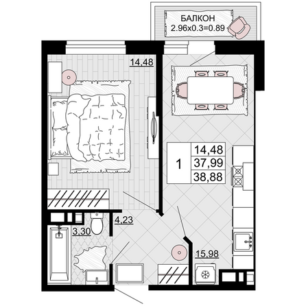 Планировка 1-комн 38,88 м²