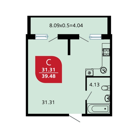 Планировка Студия 39,48 м²