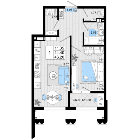 Планировка 1-комн 46,2 м²