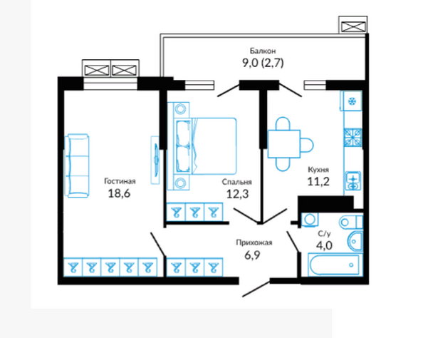 Планировка 2-комн 58 м²