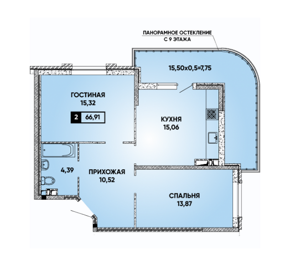Планировка 2-комн 66,91 м²