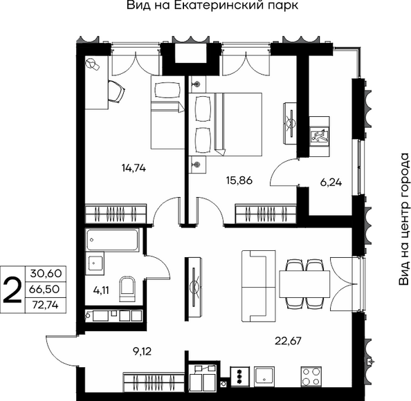 Планировка 2-комн 72,74 м²