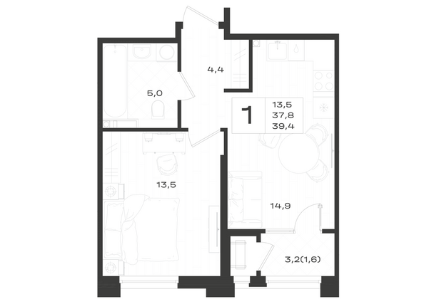 Планировка 1-комн 39,4 м²