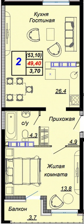 Планировка 2-комн 53,1 м²