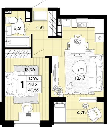 Планировка 1-комн 43,53 м²