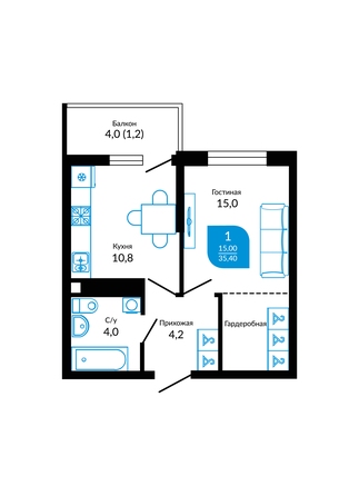 Планировка 1-комн 35,4 м²