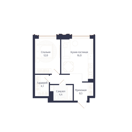 Планировка 1-комн 45 м²