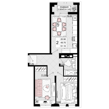 Планировка 2-комн 51,1 м²