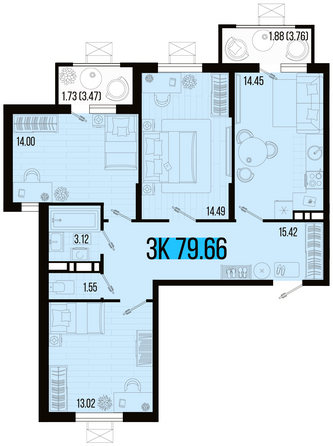Планировка 3-комн 79,66 м²